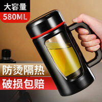 Ly thủy tinh có tay cầm, ly trà văn phòng, ly uống nước dung tích lớn cho nam, chống rơi với nắp, ly trà lọc gia đình có logo