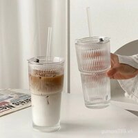 Ly thủy tinh lớn phong cách Ins có nắp và ống hút, ly uống nước lạnh cao cấp, ly nước trái cây, ly cà phê, ly nước
