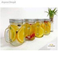 Ly thủy tinh quai có nắp có lỗ cắm ống hút 350ml (không màu)