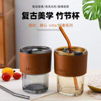 Ly thủy tinh tre sang trọng phong cách Ins có ống hút, ly cà phê di động có nắp, ly quảng cáo khuyến mại in logo