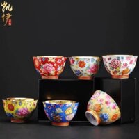 Ly trà vàng 24K, ly nếm, ly gốm tráng men mạ vàng họa tiết rồng và phượng, ly trà Kung Fu, ly uống trà, ly chủ