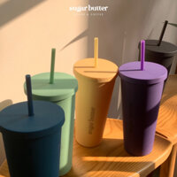 Ly uống nước có ống hút Sugar Butter chính hãng 700ml, nhựa tái sinh 2 lớp giữ lạnh, màu sắc pastel cute, tặng sticker