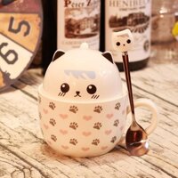 Ly Uống Nước Dễ Thương Hình Chú Mèo Có Tai Cute - Cốc Sứ 2 Công Dụng Có Nắp Và Thìa 400ml