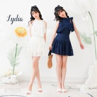 Lydia Set - bộ áo yếm nơ và chân váy nhún xoè vải hoa ép - trắng và xanh navy Betterista