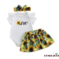 Lzp-baby Girl Hoa Hướng Dương Trang Phục Sinh Nhật Bướm Thư Tay Ngắn Áo Liền Quần Ruffle Váy Dây Buộc Đầu Bộ 3 Mảnh