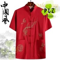 M 2025 Tang phù hợp với bộ đồ nam dài tay ngắn kiểu dáng cổ đứng cỡ lớn xu hướng dáng rộng Sườn xám cho rồng thêu năm mới