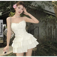 M040-Set Áo Hai Dây Đính Nơ Bèo Ren Kèm Chân Váy Xoè Tầng TIBU Set Đồ Nữ Sang Chảnh Màu kem vàng Đi Chơi Dự Tiệc