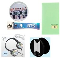 (M28) Combo BTS 5 món gồm 1 hộp đựng tai nghe 1 nametag hologram 1 hộp đựng lomo 1 tai nghe 1 miếng dán điện thoại