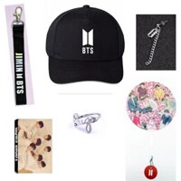 (M53) Combo 6 món đồ RM Jin Suga  J-Hope Jimin V JK gồm mũ nhẫn khắc chữ nổi lomo nametag quạt tròn cầm tay khuyên tai