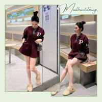 M67 Bộ đồ nữ in chữ P, Set đồ áo croptop dài tay quần đùi chất liệu da lộn cao cấp năng động