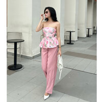 M889 - Set áo peplum cúp ngực hoa hở vai phối quần suông dài hồng