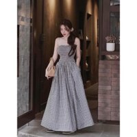M893 - Đầm maxi caro cúp nhún ngực, đầm quây bo thung dáng maxi xòe dài đi biển