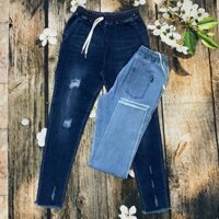 Mã [ 049 ] Quần Jean Nữ Lưng Thun Dáng Dài Thiết Kế Rách Tua Lai Thời Trang
