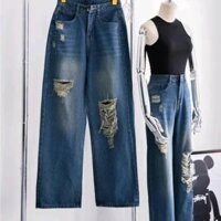Mã 3573 Quần Jeans nữ ống rộng lưng cao rách gối tua rua gối màu xanh xì teen fashion