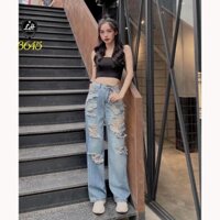 Mã 3645 Quần jean nữ ống rộng màu xanh, quần bò rách ống rách sườn te tua tả tơi siêu chất Xì Teen Fashion