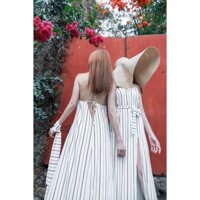 [Mã ANYTA0211 giảm 15% tối đa 30K đơn 99K] Anything Label - Đầm Maxi sọc trắng đen chất kaki Cotton xinh cực.