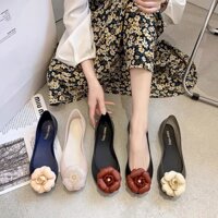 Mã B75 (Sẵn)Giày búp bê nhựa dẻo thơm trong đính hoa trà hở mũi soervimy - Chọn size theo bảng size