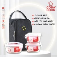 [Mã BAUIC50] Bộ 3 hộp cơm thủy tinh chịu nhiệt COBACOOK 2 hộp 320ml 1 hộp 400ml và túi giữ nhiệt- CCS3R43BL