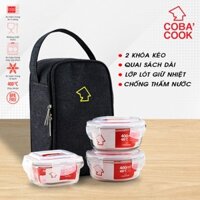 [Mã BAUIC50] [XẢ KHO] Bộ 3 hộp cơm thủy tinh COBA'COOK chịu nhiệt: 2 hộp tròn 400ml và 1 hộp vuông 320ml+1 túi giữ nhiệt