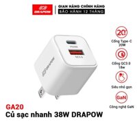 [Mã BMLT35 giảm đến 35K] Củ sạc nhanh 38W DRAPOW Adapter-USB C + PD 20W QC 3.0 18w