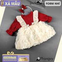 (MÃ D31) (6 đến 14 kg) Váy Nhí Hai Quai Đính Nơ Kèm Bờm Cho Bé Gái . Váy công chúa dài tay, váy tết cho bé gái.