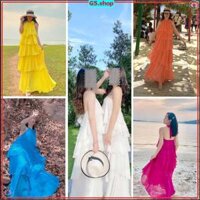 [Mã G5SHOP30 giảm 30K đơn 47K] Đầm maxi cổ yếm đính hoa nối tầng thắt nơ đi biển (ảnh chụp thật) Váy đi chơi biển du lịc