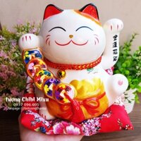 [Mã LIFE251020K giảm 10% đơn 99K] Mèo Thần Tài bằng sứ tay vẫy 16cm - dây tiền tài lộc