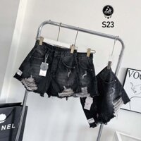 Mã S23 Quần Short Jean nữ màu xám đen cạp cap rách lai có tag Xì Teen Fashion