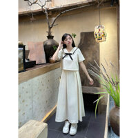 [Mã S235  ]💝Set Áo Tay Lửng Cổ Thuỷ Thủ Kèm Chân Váy Xoè Dáng Dài - S235 🌻