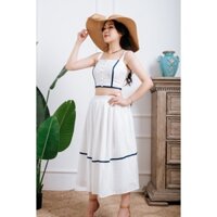 [Mã THEW01 giảm 10% cho đơn từ 350k] Set bộ croptop hai dây cúc ngọc và chân váy xoè viền xanh xinh xắn màu trắng
