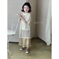 [Mặc đơn giản] Phiên bản Hàn Quốc Quần áo trẻ em Bộ đồ bé gái Tay ngắn Top mùa hè Phong cách Hàn Quốc Lớp Bộ đồ bé gái Váy dài không tay rỗng Áo thun ngắn Quần ống rộng Một bộ Chính hãng Hàn Quốc 5