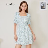 Mặc quần áo Lovito Ditsy Hoa Puff Sleeve Cổ vuông Cắt tỉa Xà lách Cắt bỏ Bình thường L27AD064 (Xanh lam nhạt)