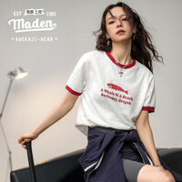 Maden printed letter casual loose round neck top with contrasting ribbed short sleeves
