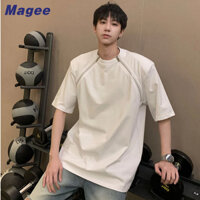 Magee Áo Thun Tay Lỡ Cổ Tròn Dáng Rộng Vừa Vặn Với Thiết Kế Khóa Kéo Kim Loại Cao Cấp Phong Cách Hàn Quốc Cho Nam