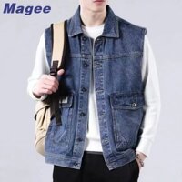 Magee Áo vest denim nam mới phiên bản Hàn Quốc thiết kế cao cấp giản dị cổ điển có túi lớn dành cho thanh thiếu niên và cặp đôi, áo thời trang