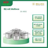 Malloca Bộ Nồi Inox 8 Món Cao Cấp SA-4002 Chế tạo bởi inox 304 – đáy 3 lớp, Hiệu suất nấu cao