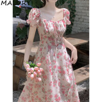 Malory Đầm dài nữ Mori Maliry Váy hoa cổ vuông màu hồng