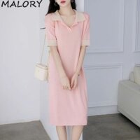Malory Phong Cách Pháp Polo Cổ Áo Tay Ngắn Nữ Dệt Kim Rời Áo Thun Nữ Váy