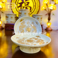 Mâm bồng màu vàng, mâm dâng ngũ quả ban thờ vàng kim liền chân chất liệu gốm sứ