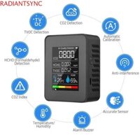 Màn hình chất lượng không khí RADIANTSYNC, Máy dò CO2 nhiệt độ 5 trong 1, Máy kiểm tra độ ẩm có thể sạc lại LCD TVOC Tester Văn phòng