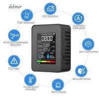 Màn hình chất lượng không khí DELMER, Máy dò CO2 nhiệt độ 5 trong 1, Máy kiểm tra độ ẩm di động LCD TVOC Máy kiểm tra văn phòng