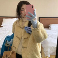 Mango Shuflei Hàn Quốc Lười Thu Đông Mềm Tương Phản Màu Sáp Sừng Nút Lông Áo Khoác Nữ Dày Sang Trọng