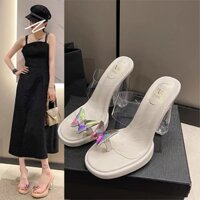 Mạnh Mẽ Đề Nghị Giày Sandal Trong Suốt Mũi Lật Của Riêng Bạn Dép Nữ Mùa Hè Mặc Bên Ngoài Mũi Vuông Dày Pha Lê Giày Sandal Gót Siêu Cao