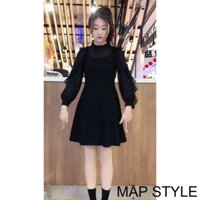 MẬP STYLE (47-90 KG) ĐẦM ĐEN KIM TUYẾN TAY DÀI, CHẤT THUN CAO CẤP PHỐI BÈO