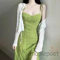 Maplepoet-nữ mùa hè treo váy spaghetti dây đeo lưng mỏng xẻ hoa màu xanh lá cây