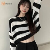 Marbit Crop Áo Len Gợi Cảm Áo Nữ Đen Trắng Sọc Áo Len Dệt Kim Mới