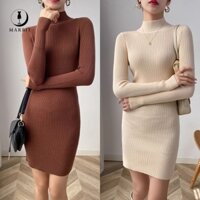 Marbit Đầm Váy len body nữ cao cổ dáng lửng váy len dài tay cổ lọ hàng FHS