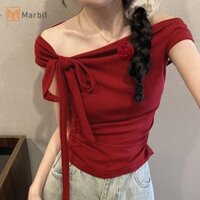 Marbit Mùa Hè Hàn Quốc Sang Trọng Tắt Vai Áo Thun Nữ Màu Trơn Nơ Phối Mỏng Crop Top Mới