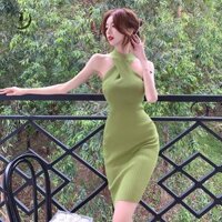 Marbit Thanh Lịch Dây Cổ Dệt Kim Áo Len Đầm ôm Gợi Cảm Slim Casual Midi Đầm FHS