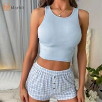Marbit Thời Trang Nhà Giải Trí Gợi Cảm Kẻ Sọc Ren Áo Quần Short Bộ Đồ Ngủ Hai Mảnh Phù Hợp Với Nữ Mới